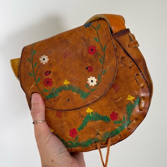 Vintage Tooled Leather Painted Small Bag Brown Floral Boho Hippie - Picture 1 of 6